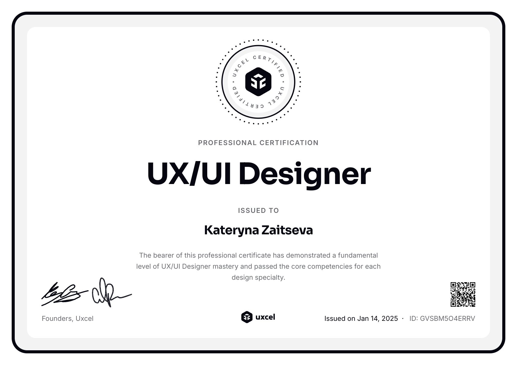 Kateryna Zaitseva's certificate